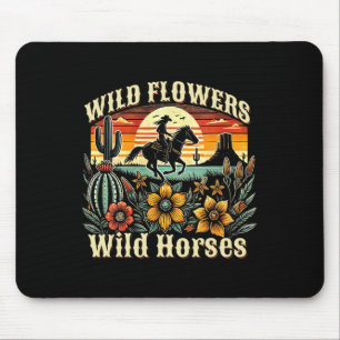 Sunset Cowgirl Riding Horse Wild Flowers - Wild Ho Mouse Pad