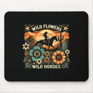 Sunset Cowgirl Riding Horse Wild Flowers - Wild Ho Mouse Pad