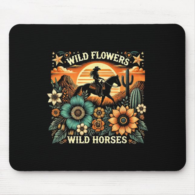 Sunset Cowgirl Riding Horse Wild Flowers - Wild Ho Mouse Pad (Front)