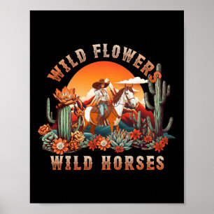 Sunset Cowgirl Riding Horse Wild Flowers - Wild Ho Poster