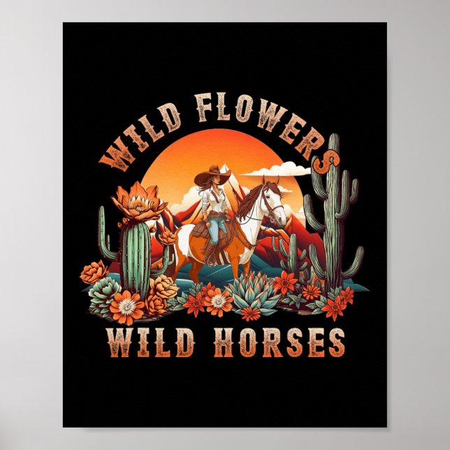 Sunset Cowgirl Riding Horse Wild Flowers - Wild Ho Poster (Front)