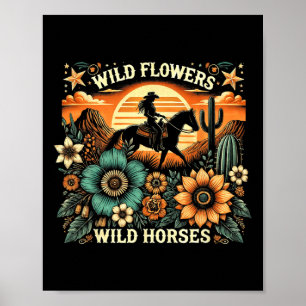 Sunset Cowgirl Riding Horse Wild Flowers - Wild Ho Poster