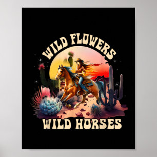 Sunset Cowgirl Riding Horse Wild Flowers - Wild Ho Poster