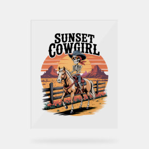 Sunset Cowgirl Skeleton Riding Horse Acrylic Sign