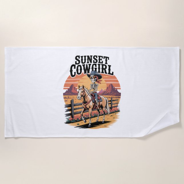 Sunset Cowgirl Skeleton Riding Horse Beach Towel (Front)