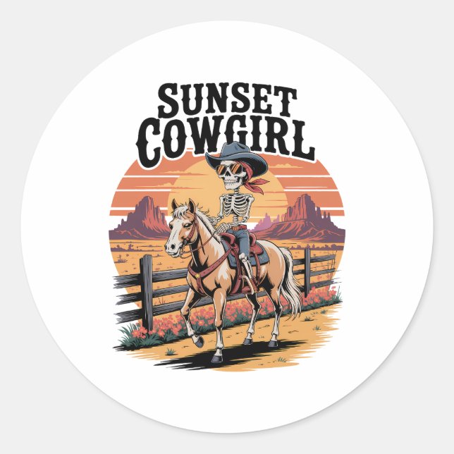 Sunset Cowgirl Skeleton Riding Horse Classic Round Sticker (Front)