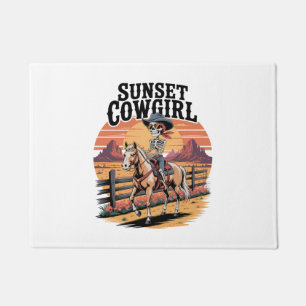 Sunset Cowgirl Skeleton Riding Horse Doormat