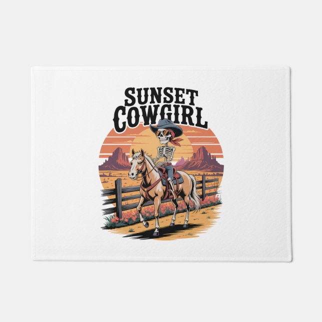 Sunset Cowgirl Skeleton Riding Horse Doormat (Front)