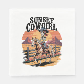 Sunset Cowgirl Skeleton Riding Horse Napkin