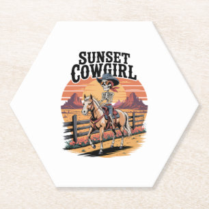 Sunset Cowgirl Skeleton Riding Horse Paper Coaster