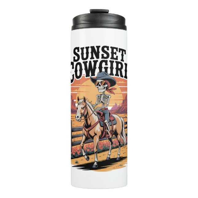 Sunset Cowgirl Skeleton Riding Horse Thermal Tumbler (Front)