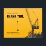 Sunset Crane Construction | Minimal Thank You Postcard<br><div class="desc">A minimal construction team themed thank postcard featuring a simple black and yellow monochrome design. It features a construction crane silhouetted towards the foreground with a simple thank you towards the side. On the inside is an additional area for your own specific thank you message to your construction and engineering...</div>