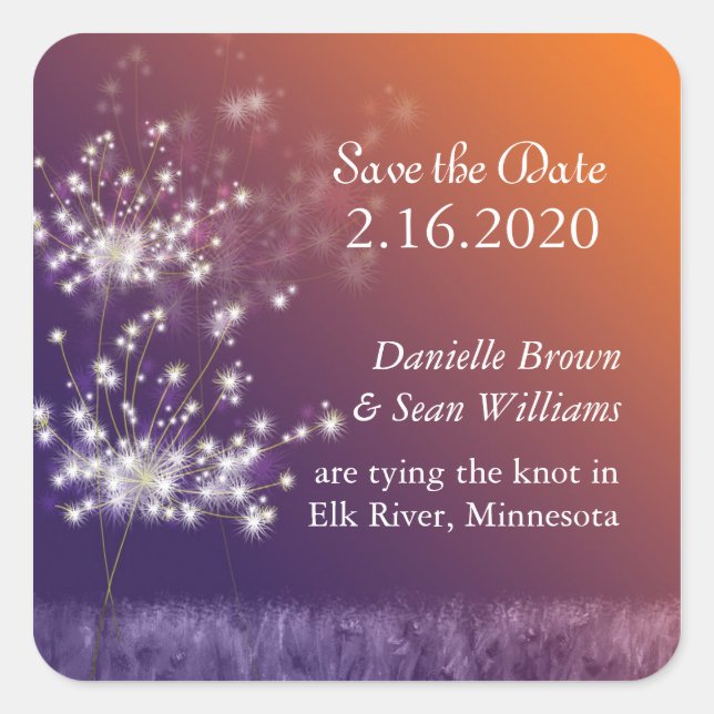 Sunset Dandelions Rural Wedding Save the Date Square Sticker (Front)