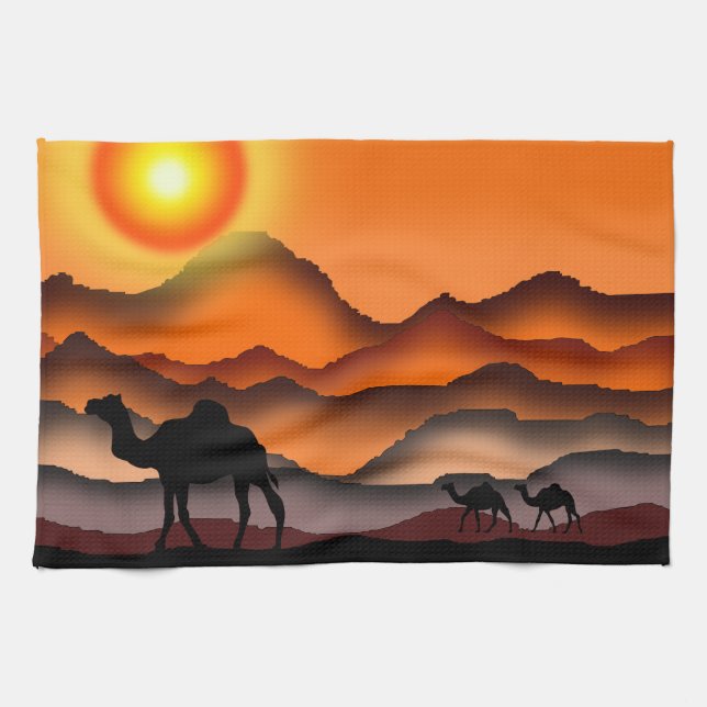 Sunset Desert Camel Kitchen Towel (Horizontal)