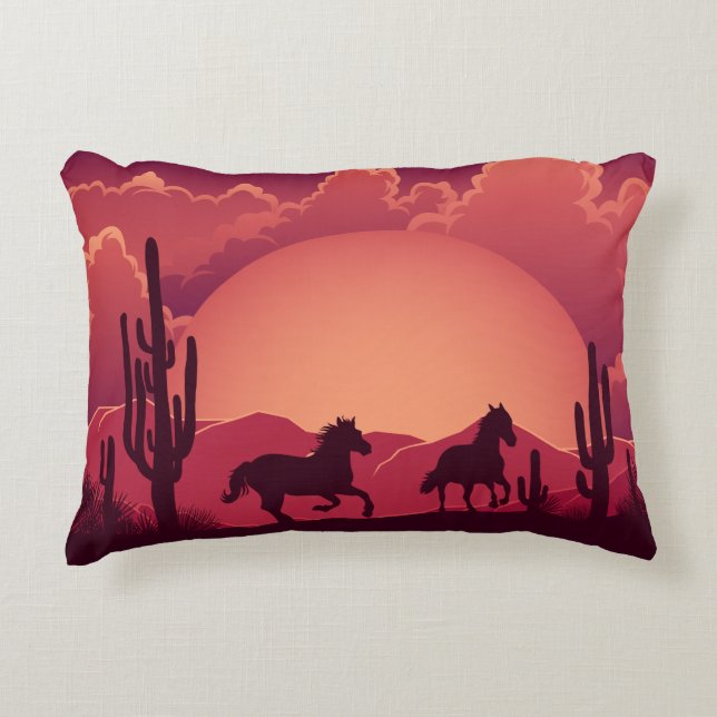Sunset Desert Wild Running Horses  Decorative Cushion (Front)