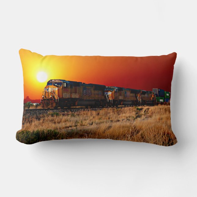 Sunset Diesel Locomotive Freight Train  Lumbar Cushion (Front)