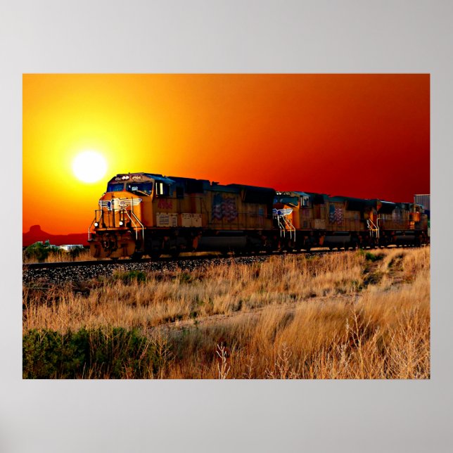 Sunset Diesel Locomotive Train 32"x24"  Poster (Front)