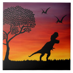 Sunset Dinosaur Scene Ceramic Tile