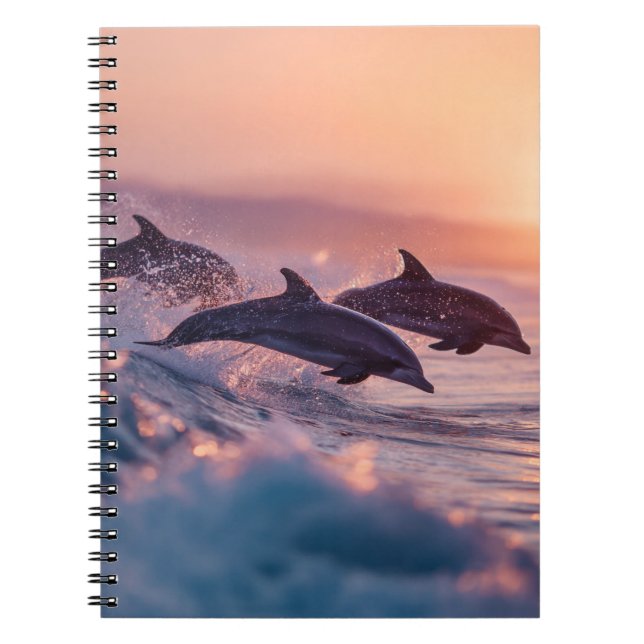 Sunset Dolphins Jumping Waves Notebook (Front)