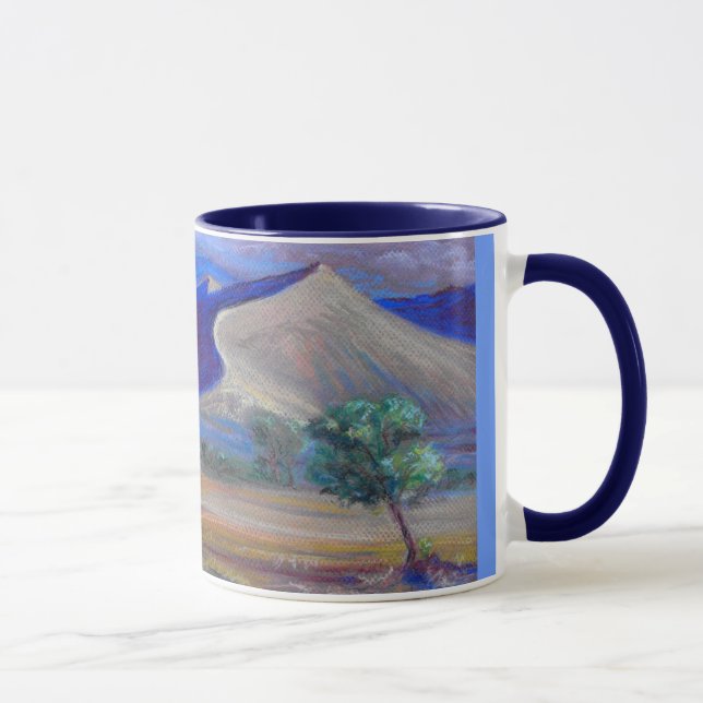 Sunset Dunes, Distant Mountains and Trees Card Mug (Right)