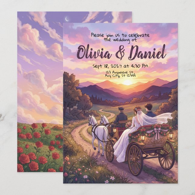 Sunset Fairytale Bride Groom Wedding Invitation (Front/Back)