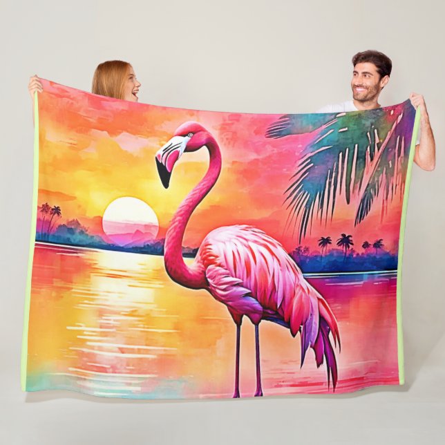 Sunset Flamingo Art Design Fleece Blanket (In Situ)