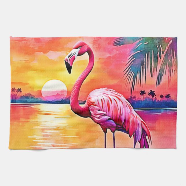 Sunset Flamingo Art Design Tea Towel (Horizontal)