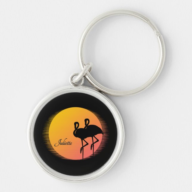 Sunset Flamingos Personal with Name Key Ring (Front)