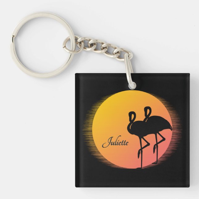 Sunset Flamingos Personal with Name Key Ring (Front)