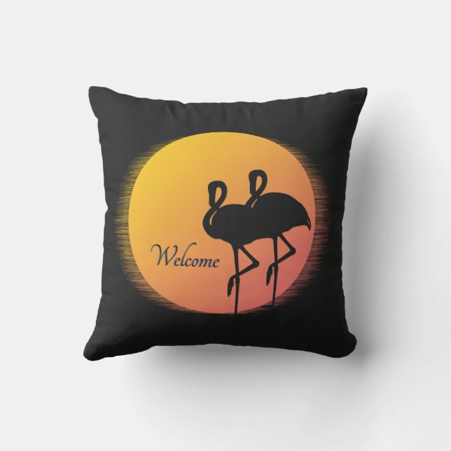 Sunset Flamingos Welcome Cushion (Back)