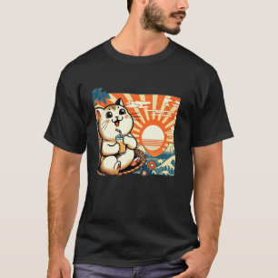Sunset Floral Kitten Lover Japanese Art Cute Cat T-Shirt
