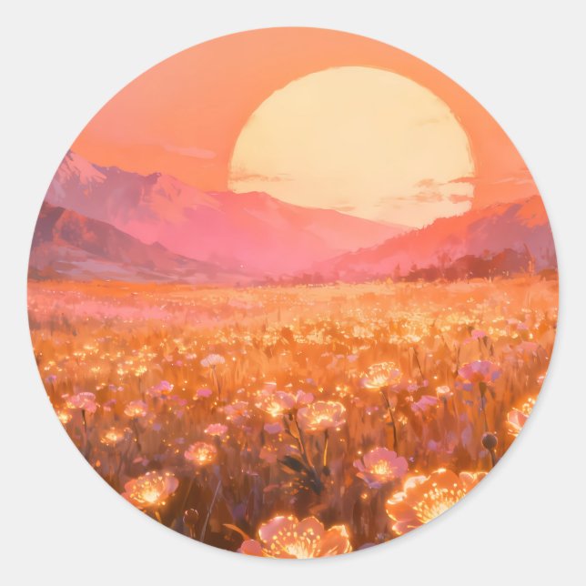 Sunset Flower Field Round Sticker (Front)