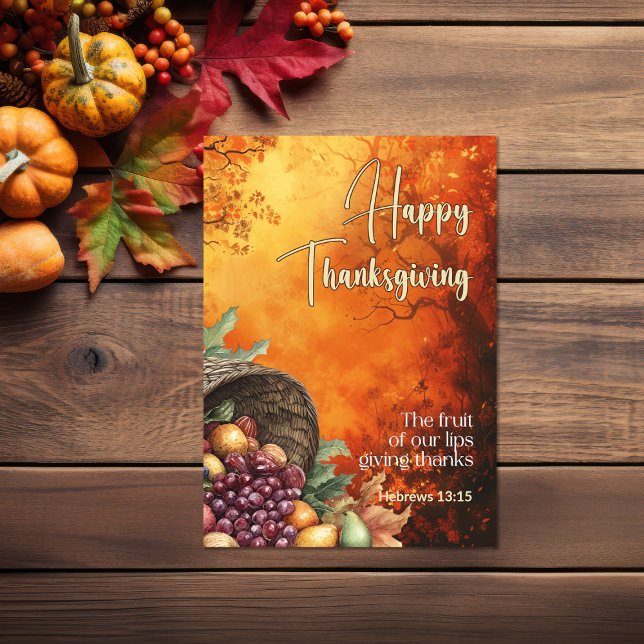 Sunset Forest Hebrews 13:15 Happy Thanksgiving Card (Sunset forest harvest Bible verse Thanksgiving Card)