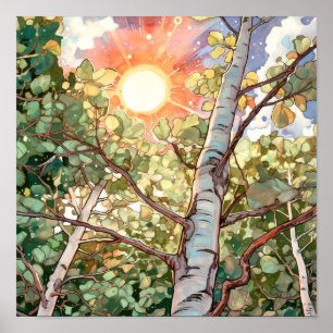 Sunset Forest Watercolor Painting Poster