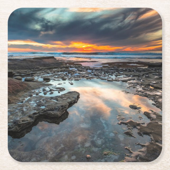 Sunset from the tide pools square paper coaster (Front)