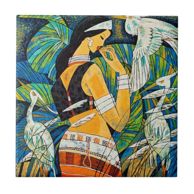 Sunset Glow Hao Ping oriental abstract lady birds Ceramic Tile (Front)