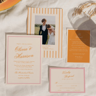 Sunset Glow Orange Pink Stripe Wedding Invitation