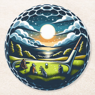 Sunset Golf Scene with Players and Clubs Round Paper Coaster