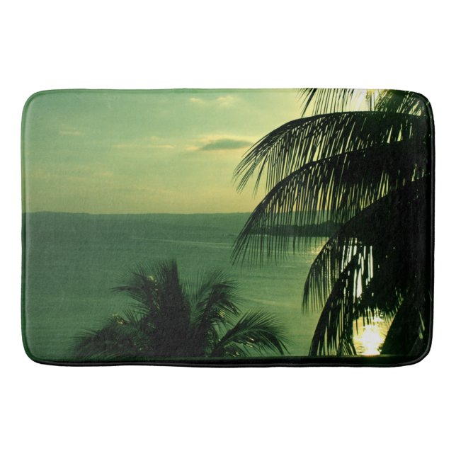 SunSet Green Blue Sky & Sea Silhouetted Palm Tree Bath Mat (Front)