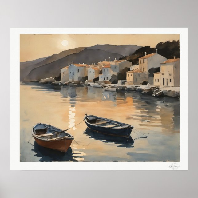 Sunset Harbour Reflection Oil Painting Art Print (Front)