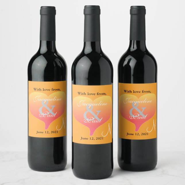 Sunset Heart Orange Wedding Monogram Labels (Bottles)