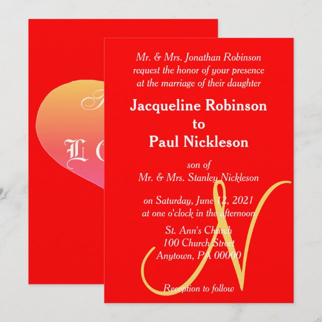 Sunset Heart Red Monogrammed Wedding Invitation (Front/Back)