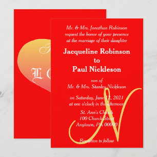 Sunset Heart Red Monogrammed Wedding Invitation