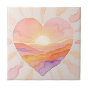 Sunset Heart Watercolor Serenity Ceramic Tile