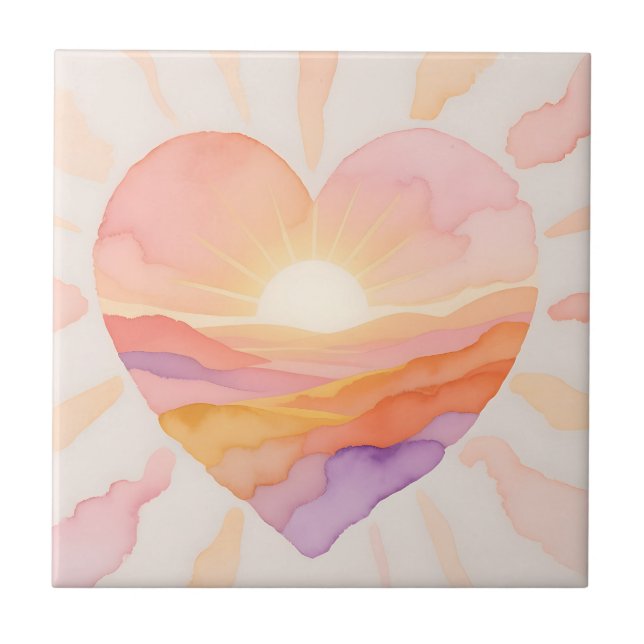 Sunset Heart Watercolor Serenity Ceramic Tile (Front)
