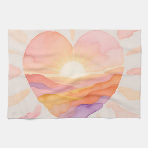Sunset Heart Watercolor Serenity Tea Towel