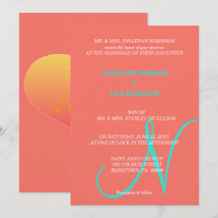 Sunset Hearts Monogram Coral Turquoise   Invitation