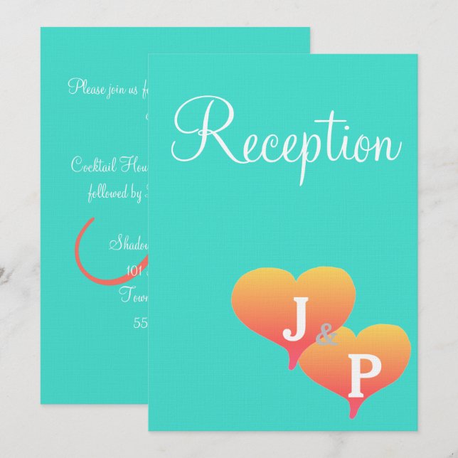 Sunset Hearts Monogram Turquoise Reception Cards (Front/Back)