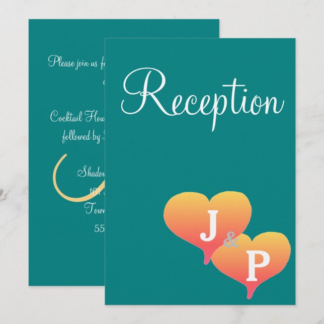 Sunset Hearts Teal Green Gold Monogram Invitation (Front/Back)