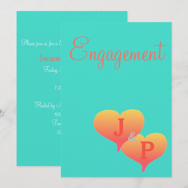 Sunset Hearts Turquoise Coral Monogram Engagement Invitation (Front/Back)